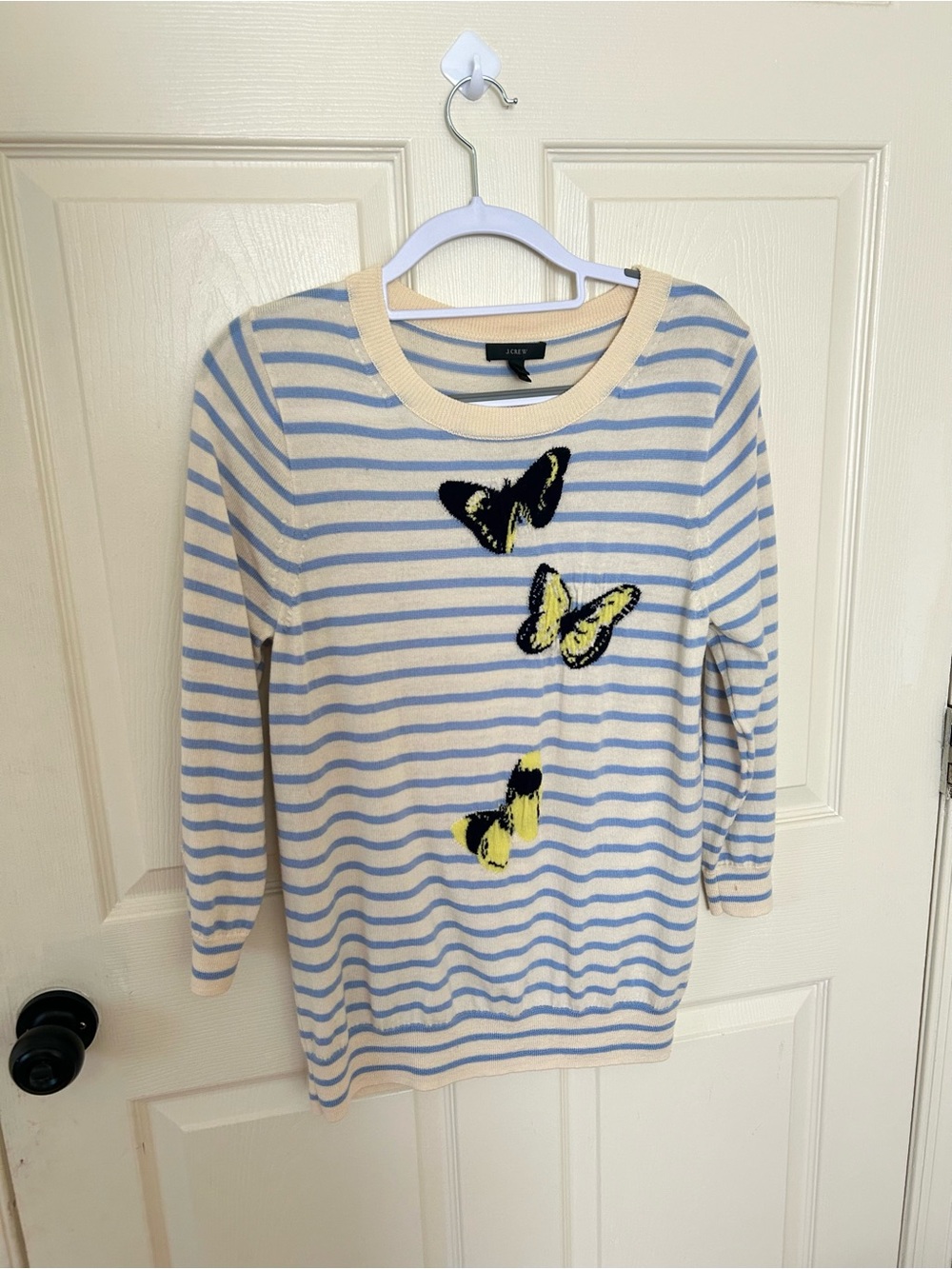 J. Crew 100% Merino Wool Butterfly Sweater Size Large Striped Crewneck